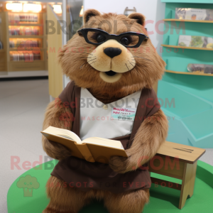 Brown Beaver mascot costume character dressed with a A-Line Skirt and Reading glasses