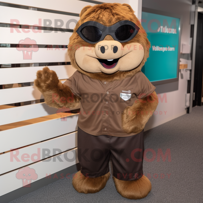 Brown Beaver mascot costume character dressed with a A-Line Skirt and Reading glasses