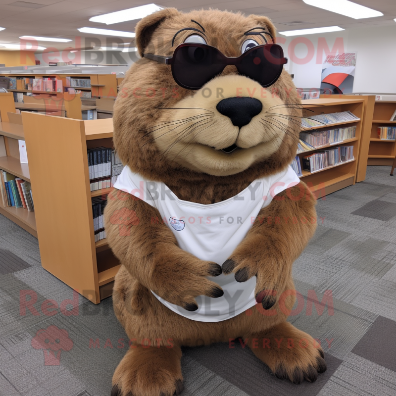 Brown Beaver mascot costume character dressed with a A-Line Skirt and Reading glasses