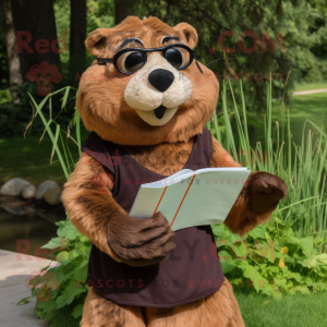 Brown Beaver mascot costume character dressed with a A-Line Skirt and Reading glasses