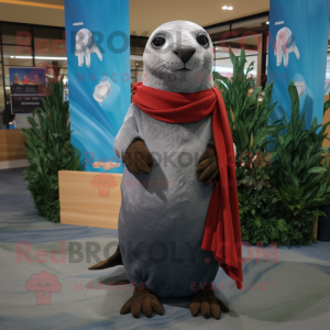 Gray Sea Lion mascot costume character dressed with a A-Line Dress and Scarves