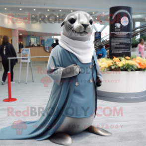 Gray Sea Lion mascot costume character dressed with a A-Line Dress and Scarves