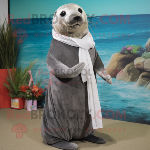 Gray Sea Lion mascot costume character dressed with a A-Line Dress and Scarves