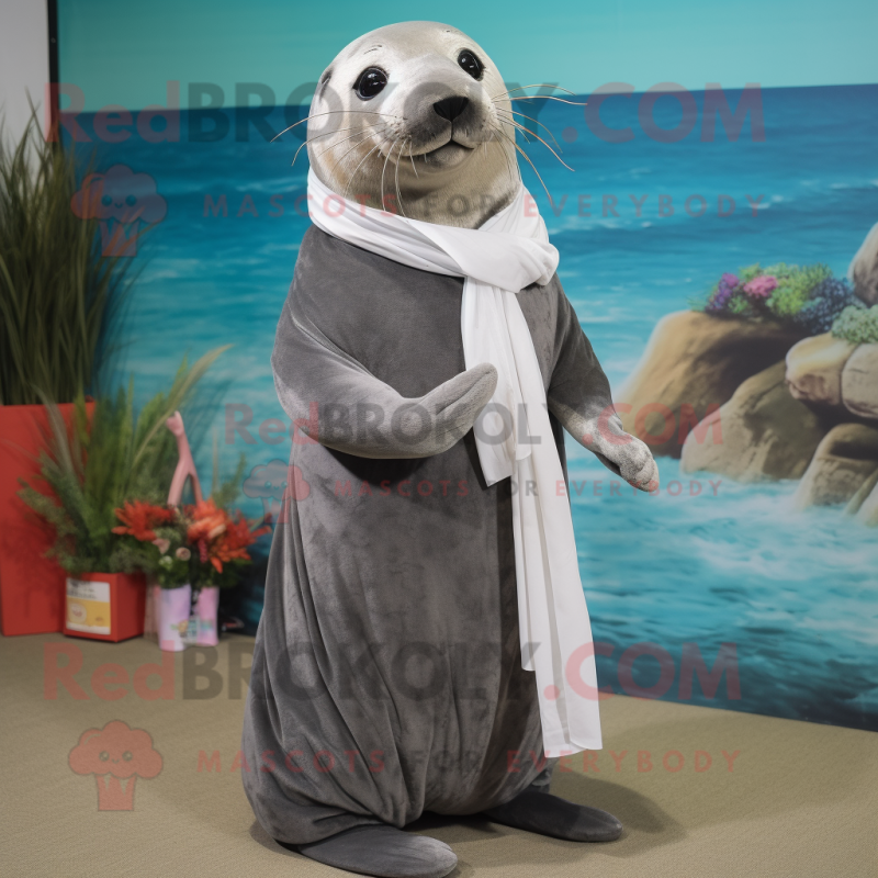 Gray Sea Lion mascot costume character dressed with a A-Line Dress and Scarves Gray Sea Lion mascot costume character dressed with a A-Line Dress and Scarves