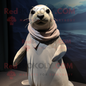 Gray Sea Lion mascot costume character dressed with a A-Line Dress and Scarves