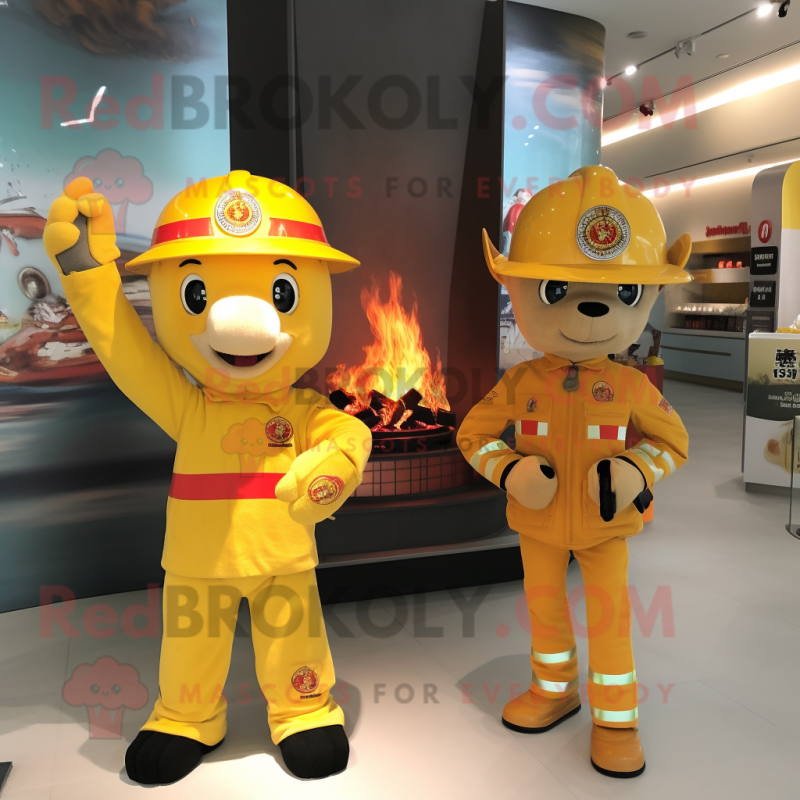Yellow Fire Fighter mascot costume character dressed with a Polo Tee and Hairpins Yellow Fire Fighter mascot costume character dressed with a Polo Tee and Hairpins