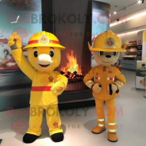 Yellow Fire Fighter mascot costume character dressed with a Polo Tee and Hairpins