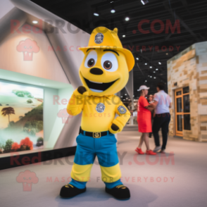 Yellow Fire Fighter mascot costume character dressed with a Polo Tee and Hairpins