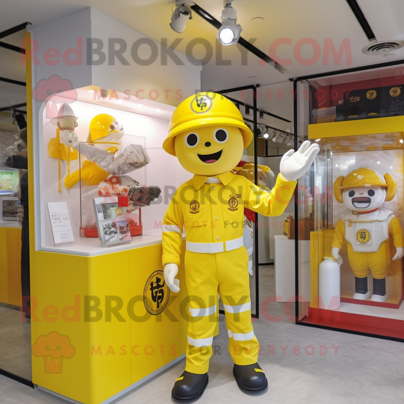 Yellow Fire Fighter mascot costume character dressed with a Polo Tee and Hairpins