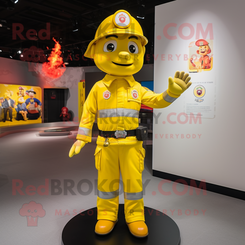 Yellow Fire Fighter mascot costume character dressed with a Polo Tee and Hairpins