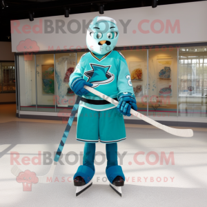 Teal Ice Hockey Stick mascot costume character dressed with a Ball Gown and Scarf clips