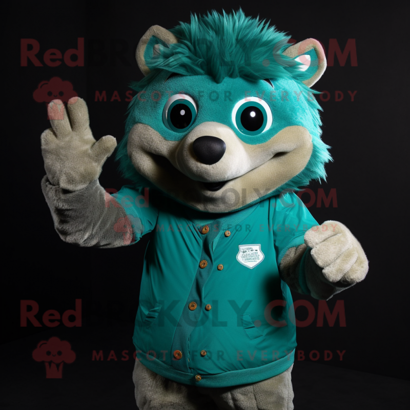 Teal Hedgehog mascot costume character dressed with a V-Neck Tee and Gloves Teal Hedgehog mascot costume character dressed with a V-Neck Tee and Gloves