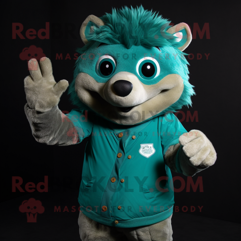 Teal Hedgehog mascot costume character dressed with a V-Neck Tee and Gloves