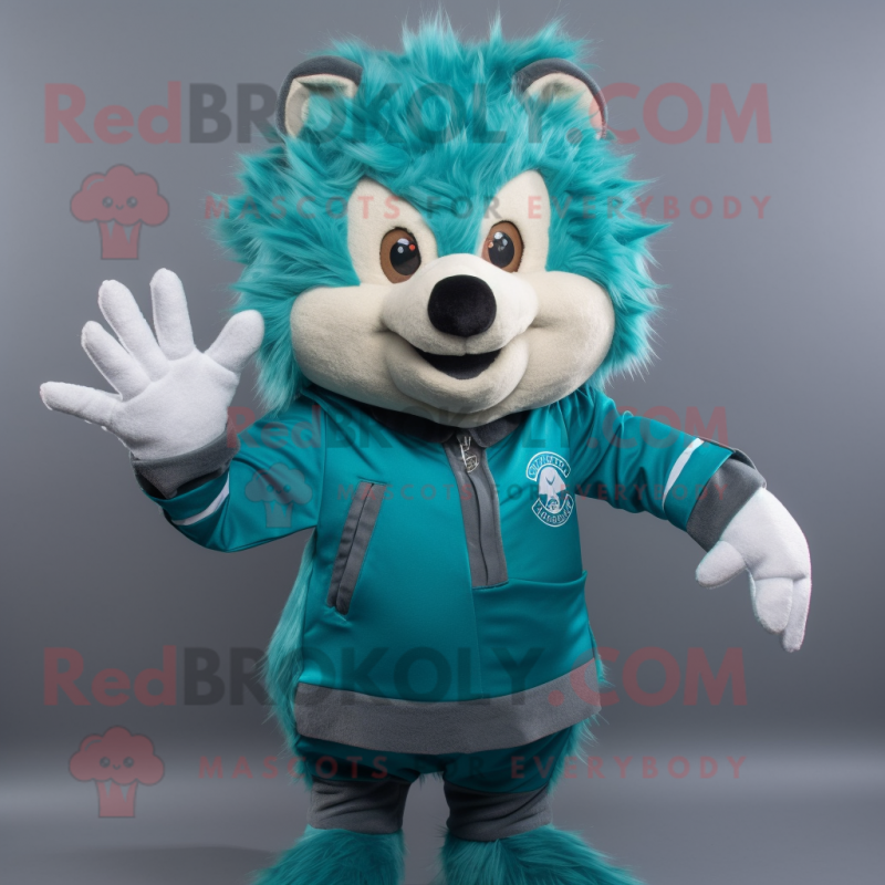 Teal Hedgehog mascot costume character dressed with a V-Neck Tee and Gloves