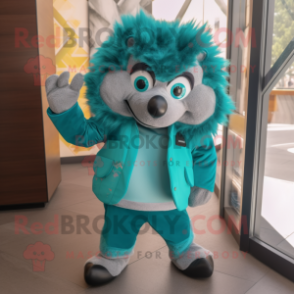 Teal Hedgehog mascot costume character dressed with a V-Neck Tee and Gloves