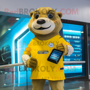 Gold Otter mascot costume character dressed with a Rash Guard and Digital watches