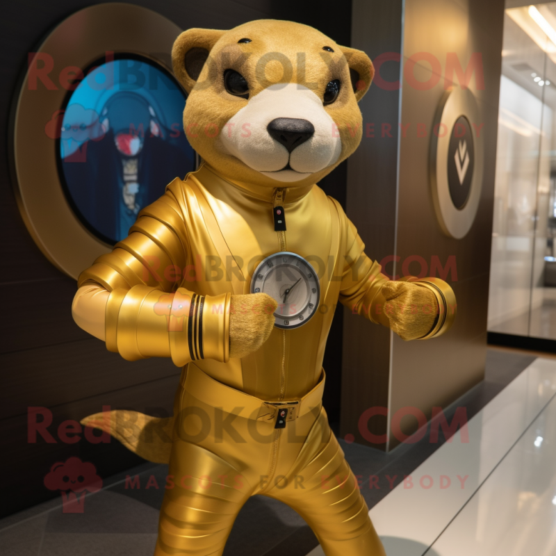 Gold Otter mascot costume character dressed with a Rash Guard and Digital watches