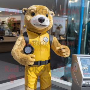 Gold Otter mascot costume character dressed with a Rash Guard and Digital watches