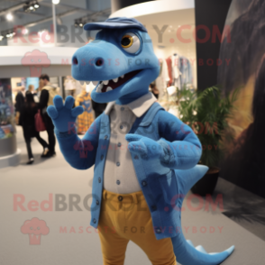 Sky Blue Deinonychus mascot costume character dressed with a Sweater and Suspenders