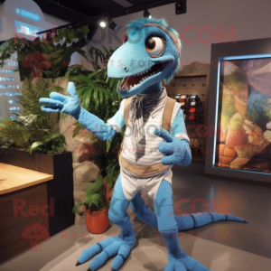 Sky Blue Deinonychus mascot costume character dressed with a Sweater and Suspenders