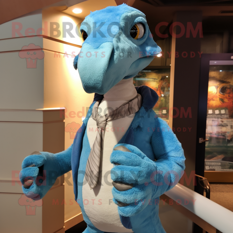 Sky Blue Deinonychus mascot costume character dressed with a Sweater and Suspenders