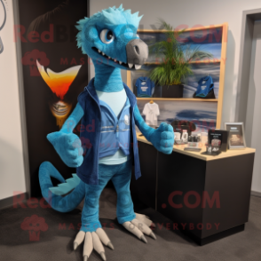Sky Blue Deinonychus mascot costume character dressed with a Sweater and Suspenders