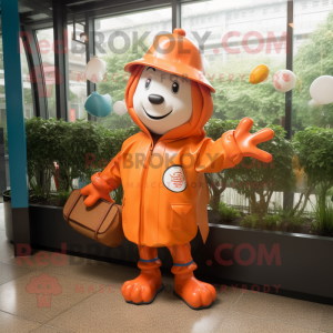 Orange Baseball Glove mascot costume character dressed with a Raincoat and Handbags