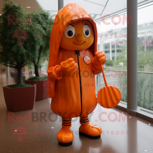 Orange Baseball Glove mascot costume character dressed with a Raincoat and Handbags