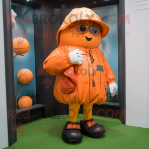 Orange Baseball Glove mascot costume character dressed with a Raincoat and Handbags