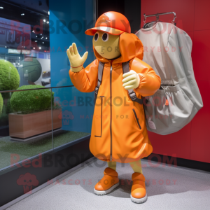 Orange Baseball Glove mascot costume character dressed with a Raincoat and Handbags