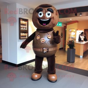 Brown Donut mascot costume character dressed with a Jeggings and Brooches