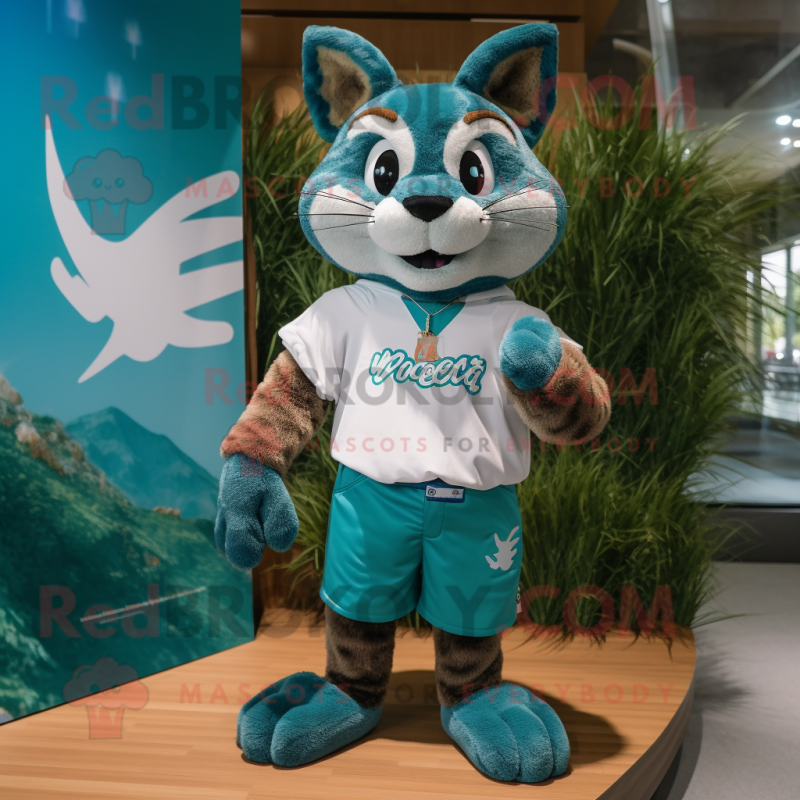 Teal Bobcat mascot costume character dressed with a Board Shorts and Headbands