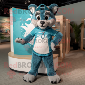 Teal Bobcat mascot costume character dressed with a Board Shorts and Headbands