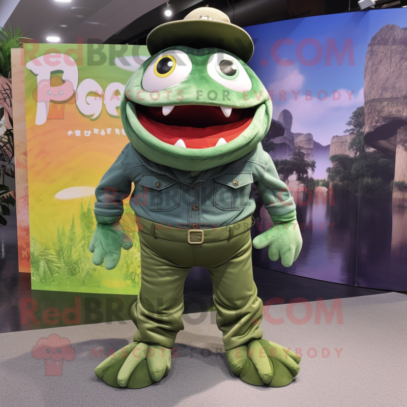 Forest Green Piranha mascot costume character dressed with a Mom Jeans and Berets