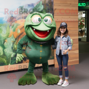 Forest Green Piranha mascot costume character dressed with a Mom Jeans and Berets