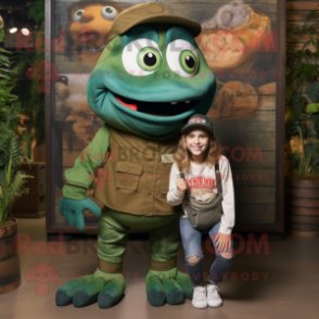 Forest Green Piranha mascot costume character dressed with a Mom Jeans and Berets