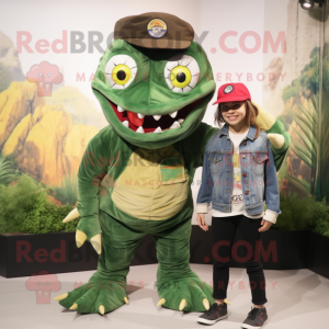 Forest Green Piranha mascot costume character dressed with a Mom Jeans and Berets