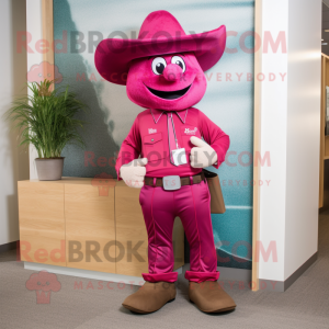 Magenta Cowboy mascot costume character dressed with a Bermuda Shorts and Ties