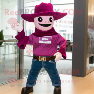 Magenta Cowboy mascot costume character dressed with a Bermuda Shorts and Ties