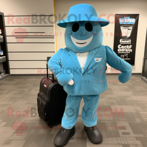 Cyan Golf Bag mascot costume character dressed with a Suit Jacket and Caps