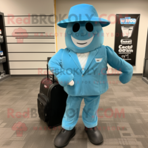Cyan Golf Bag mascot costume character dressed with a Suit Jacket and Caps