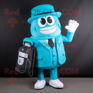 Cyan Golf Bag mascot costume character dressed with a Suit Jacket and Caps