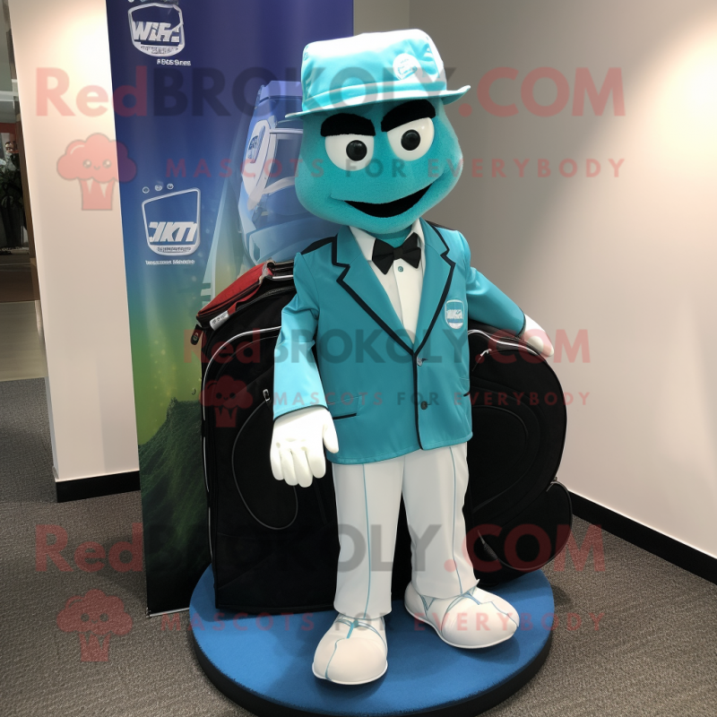 Cyan Golf Bag mascot costume character dressed with a Suit Jacket and Caps