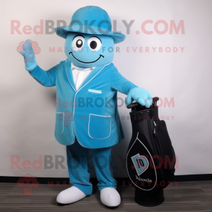 Cyan Golf Bag mascot costume character dressed with a Suit Jacket and Caps