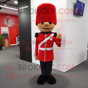 Red British Royal Guard mascot costume character dressed with a Dress Pants and Scarf clips