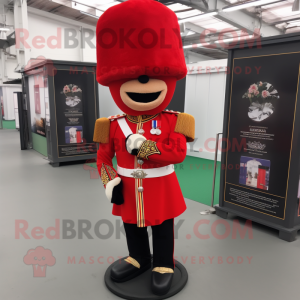 Red British Royal Guard mascot costume character dressed with a Dress Pants and Scarf clips
