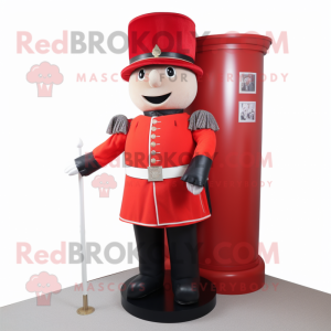 Red British Royal Guard mascot costume character dressed with a Dress Pants and Scarf clips