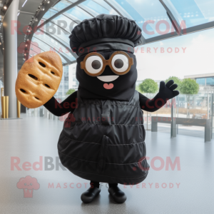 Black Croissant mascot costume character dressed with a Dress and Eyeglasses