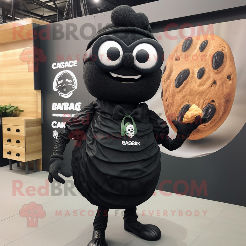 Black Croissant mascot costume character dressed with a Dress and Eyeglasses