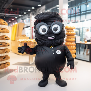 Black Croissant mascot costume character dressed with a Dress and Eyeglasses